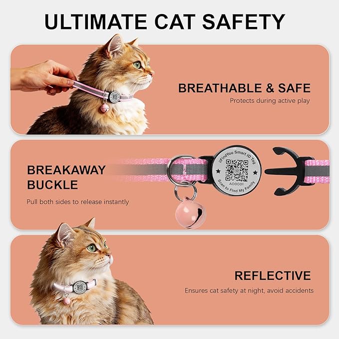 2 Pack Breakaway Cat Collar with Safety Bell & Reflective Strips | QR Code ID Tag & Name Plate | Adjustable for Kittens Black&Pink