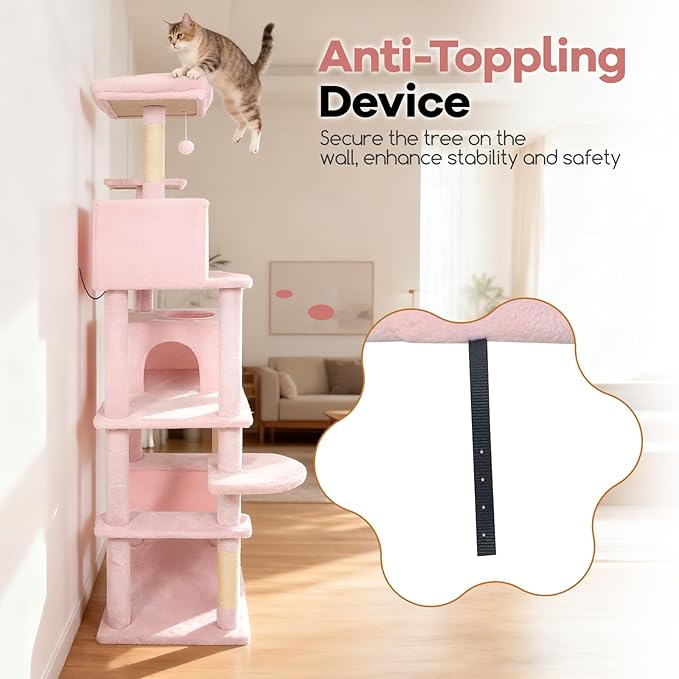 DORTALA 75" Tall Modern Cat Tree, Multi-Level Cat Tower with Large Condos, Sisal Scratching Posts, Top Perch, Hammock, Dangling Balls, Kitten Beds & Climbing Furniture for Indoor Cats (Pink)