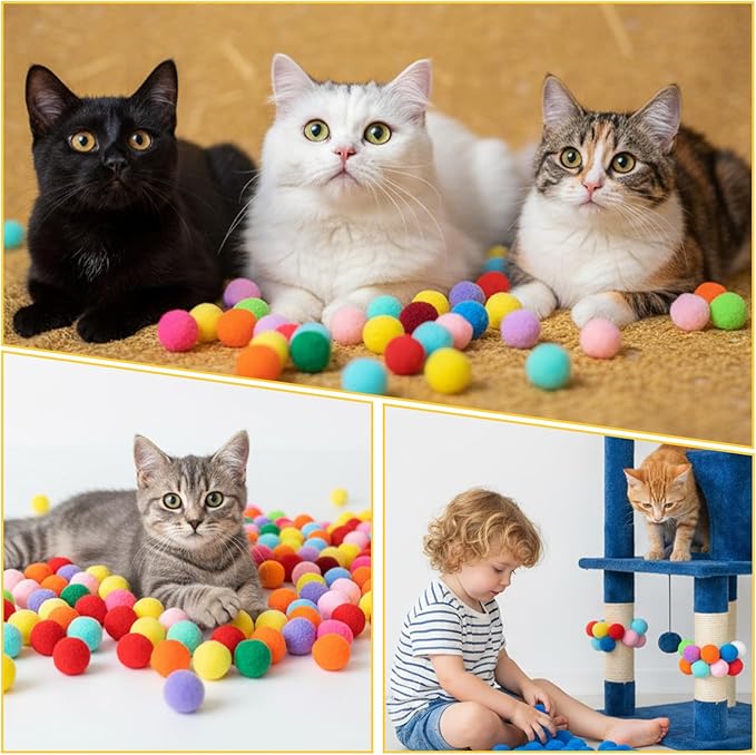 Larrel 100 Pcs Cat Puff Ball Toys, 2.5cm/1in Soft Cat Pom Pom Balls Fuzzy Balls for Cats Cute Pompoms for Indoor Kitten Playing Exercising or Craft DIY Creative Crafts Decorations(Random Assortment)