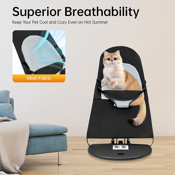Pet Rocking Chair Solid Color Breathable Dog Bed Chair Portable Foldable Dog Cat Chair for Small Pets Weighing Less Than 33.07 lbs, 3 Levels Adjustable Height, Washable&Removable (Black)