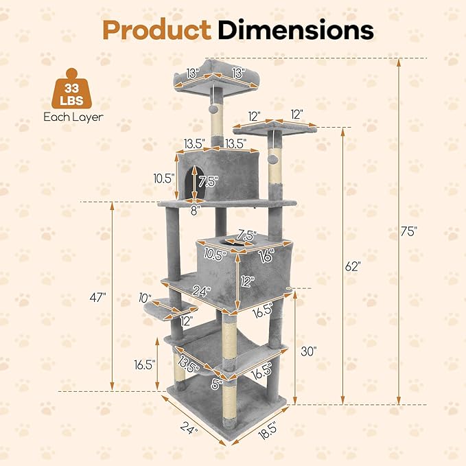 DORTALA 75" Tall Modern Cat Tree, Multi-Level Cat Tower with Large Condos, Sisal Scratching Posts, Top Perch, Hammock, Dangling Balls, Kitten Beds & Climbing Furniture for Indoor Cats (Light Grey)