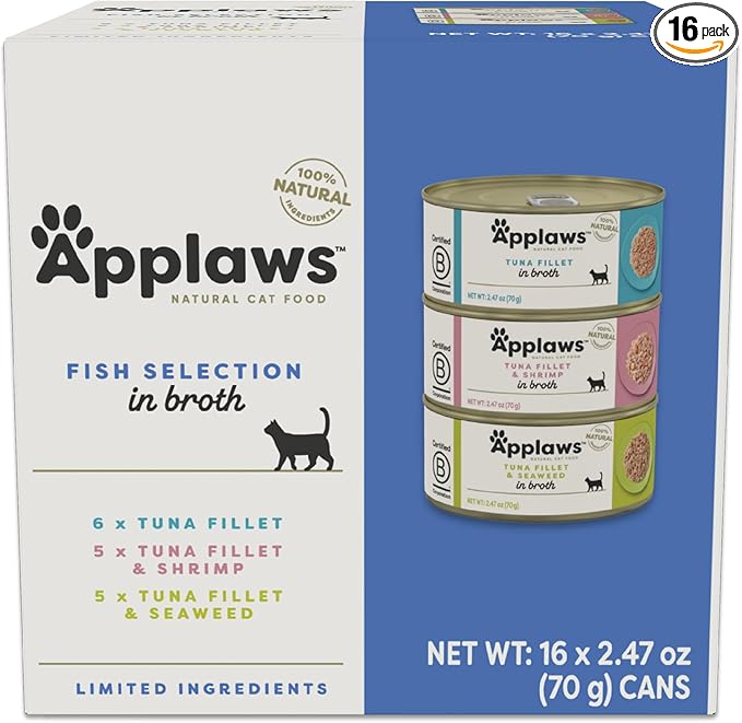 Applaws Natural Wet Canned Cat Food, Limited and Natural Ingredients, High Protein with No Artificial Additives, Fish Selection Variety Pack in Broth (16 x 2.47oz Cans)