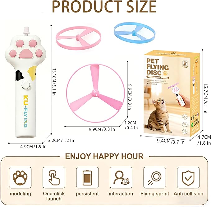 Cat Fetch Toy Launcher,Flying Disc Launcher Toy Rechargeable with 10 Flying Discs,Flying Cat Toy Disc Launcher for Kitten Dog Playing Interactive Hunting Tracking Toys for Outdoor Indoor,White