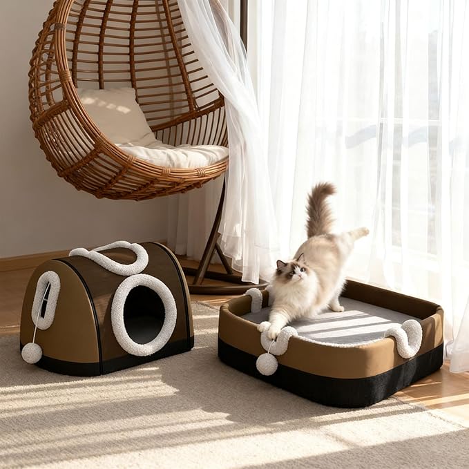 Enclosed House & Open Bed for Indoor Cats,Constant Modifiable Puss Bed with Removable Top Winter Season Double Manner Plan Revertible Pillow,Multi-Functional Pet Furniture with Scratch Pad