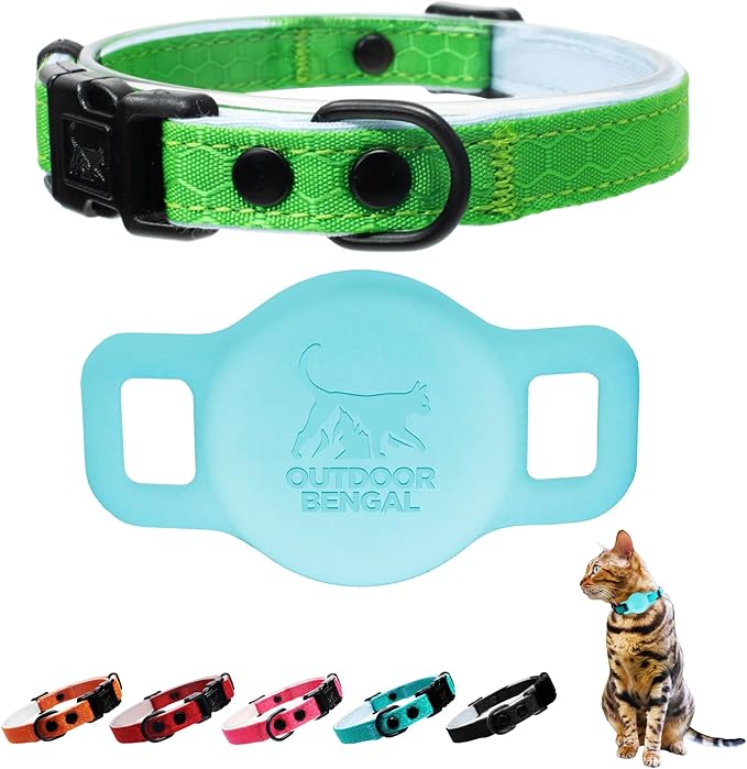 OutdoorBengal Breakaway Cat Collar + Airtag Holder, No Bell - Compatible Silicone Case, Breakaway Airtag Cat Collar for Apple Air Tag - Waterproof Tracking Collars for Boy, Girl, Cats, Kittens (Green)