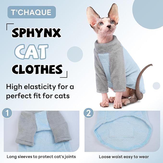 T'CHAQUE Sphynx Cat Clothes, Soft Fleece Cat Sweaters for Cats Only, Sphynx Hairless Cats, Cat Pajamas with Sleeves, Kitten Hairless Cat Winter Clothes, Winter Warm Cat Outfit Onesie Jumpsuit Hoodie