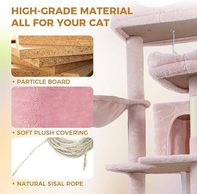 71" Flower Cute Cat Tree for Indoor Cats Large Adult, Tall Cat Tower with Scratching Post & Condo, Hammock, Aesthetic Cats Stand, Modern, Easy Assembly (Pink, 68" Tall)