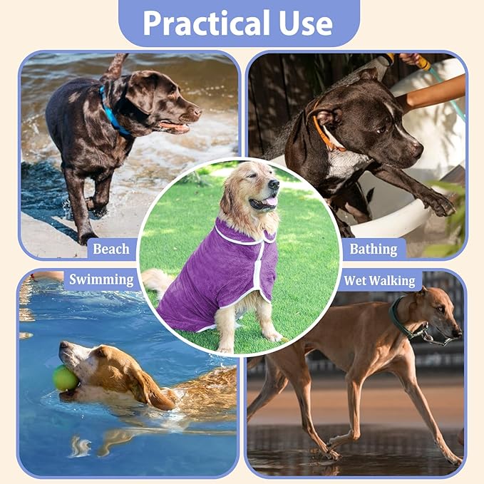 Dog Bathrobe Towel Dog Drying Coat - Super Absorbent Towels Bath Robe for Dogs Large, Soft Adjustable Collar & Belly Strap Fast Drying Coat Pet Cat Bath Robe (Violet, X-Large)