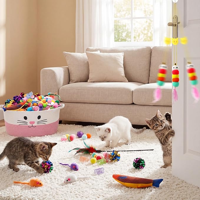 Leitee 100 Pcs Cat Storage Basket Gift Toys Set Cute Cotton Rope Basket, Fish Plush Mice Pet Bell Colorful Crinkle Balls Spring Toys Attract Cat to Swat, Hunt, Interactive for Pet (Basic,Pink,White)