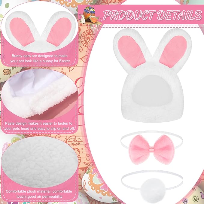 6 Pieces Easter Cute Costume Bunny Rabbit Hat with Ears Cat Bowtie Collar Tail for Cats and Small Dogs Party Costume Easter Pet Accessory Headwear
