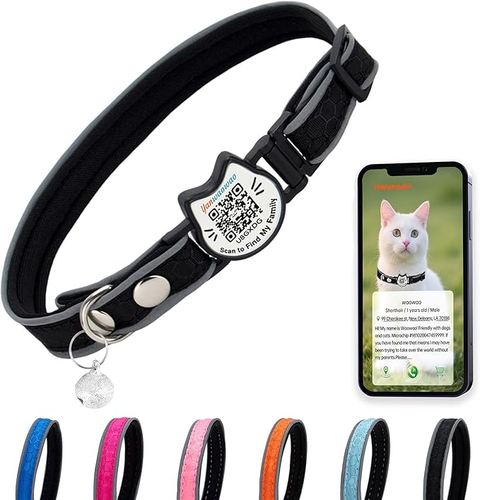 Cat Collar with Bells Reflective Cat Collars Breakaway with Oxford Cloth Soft Padding Adjustable Kitten Collar with QR Code（Black）