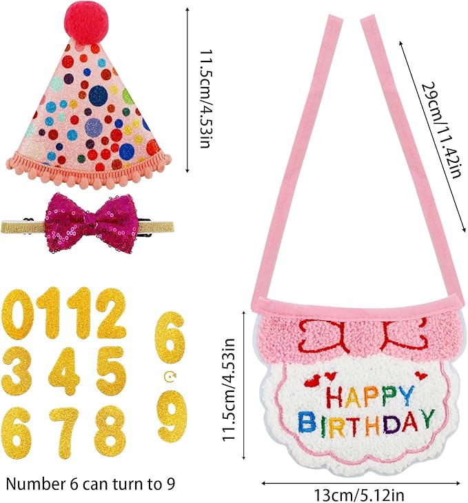4PCS Pink Cat Birthday Party Supplies for Girls Kitten Bandana Hat Number Decorations Pet Birthday Outfit Kit