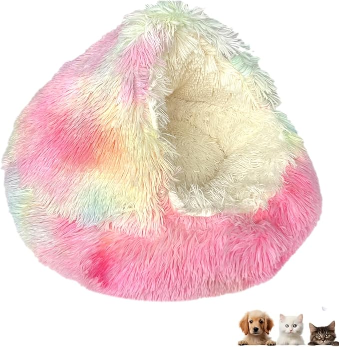 Cat Bed Round Fluffy Hooded Cat Bed Cave Puppy & Kitty,Cat Bed Round Plush Fluffy Hooded Cat Bed Cave, Cozy Cocoon Dog Bed Winter Warm Long Plush Cozy Nook Dog Bed.,15.7IN,Multi-Colored