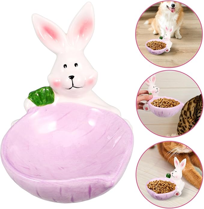 Ceramic Cat Bowl and Dog Feeding Dish, Purple Non-tip Wear-Resistant Pet Floor Bowl, Cute Bunny Design for Indoor Feeding and Watering Supplies