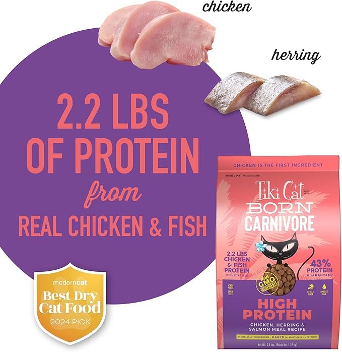 Tiki Cat Born Carnivore High Protein Dry Cat Food, Chicken, Herring & Salmon Meal, 2.8 lbs. Bag