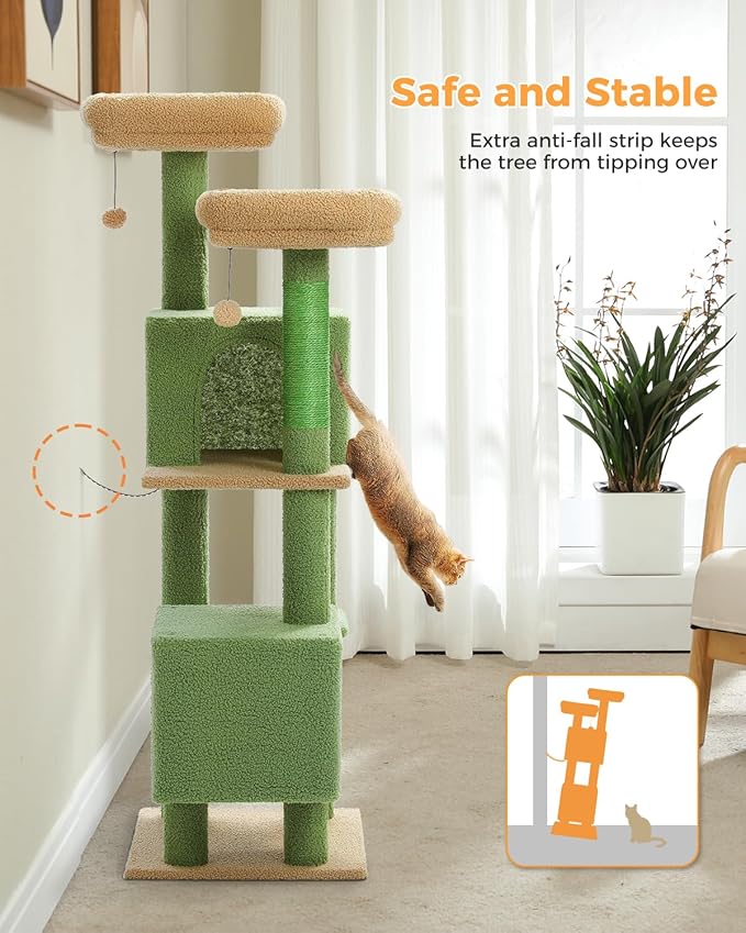 MUTTROS Cactus Cat Tree, 52.4" Cat Tower for Indoor Cats, Cute Cat Tree with 2 Padded Perches, 2 Condos & 2 Scratching Posts, Green