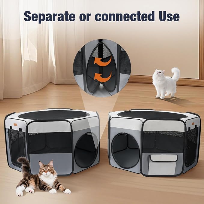 Lekereise 2-in-1 Large Cat Playpen, 65" * 19.7"in Portable Pet Playpen, Dog Playpen Indoor Outdoor for Cats, Puppies, Detachable into 2 Separate Playpens, with a Carry Bag