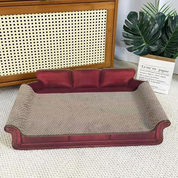 Red Sofa Shape Cat Scratcher, 19.9” Large 2-in-1 Cat Scratcher Lounge Bed, Sturdy Cardboard Scratching Board, Furniture Protector for Indoor Cats