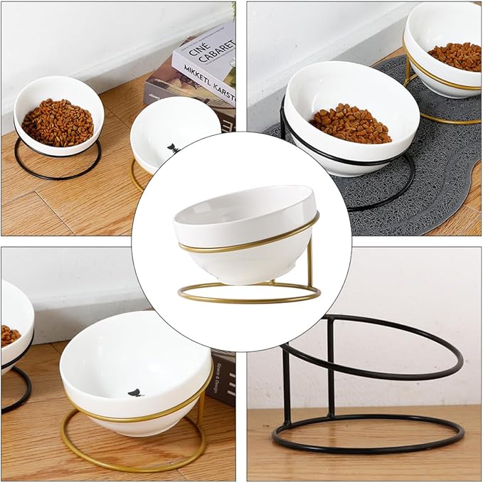 TOYANDONA Ceramic Pet Food Bowl Iron Raised Slant Stand, Elevated Cat Dog Feeder Bowl for Spine Protection, Suitable for Household Feeding and Watering Random Style