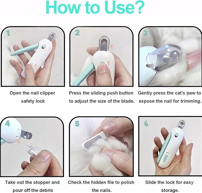 Cat Nail Clipper with Adjustable 3-Size Trimming Hole & Hidden Nail File – Safe Anti-Splash Toenail Trimmer for Kittens & Indoor Cats – Ergonomic Claw Cutter