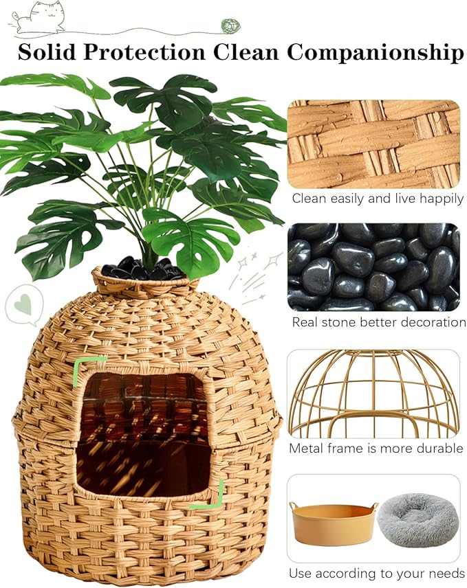 SETVSON Cat Litter Box Plant Furniture Enclosure, Hidden Handwoven Rattan with Cat Litter Box and Artificial Plants, Odor Control Filter, Real Stones in Living Room, Bedroom, Corner Natural