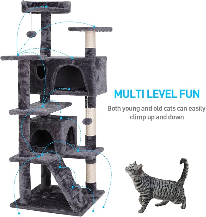 54-Inch Cat Tree Multi-Level Condo Tower Bed Furniture Kitten Play House with Scratching Posts, Dark Grey
