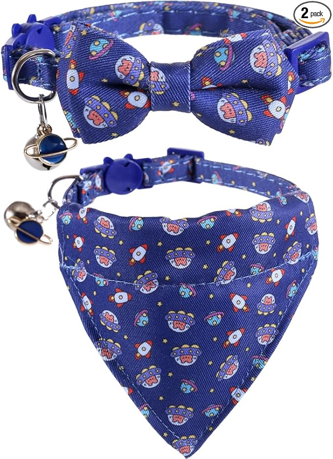 Cat Collar Breakaway with Cute Bow Tie Bandana and Bell Universe Accessories for Kitty Adjustable Safety
