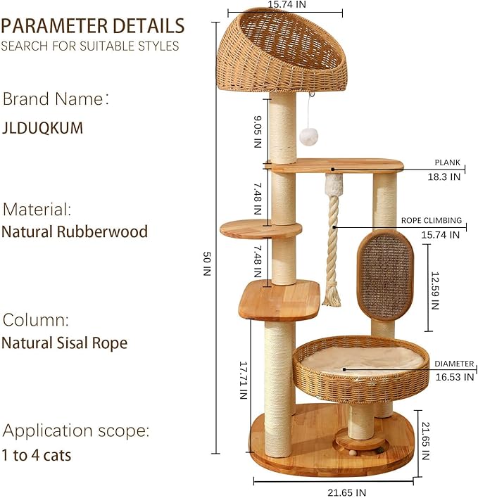 Solid Wood Cat Tree for Large Cat, 50-Inch Tall Cat Tower for Indoor Cats with Scratching Post, Multi-Level Cat Condo with Handwoven Basket, Sturdy Cat Houses Easy to Clean