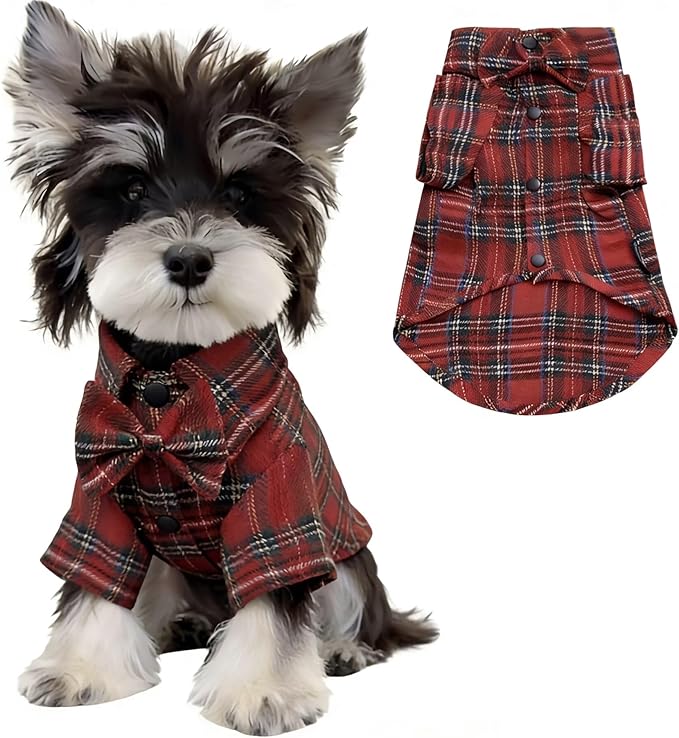 MAMORE Plaid Dog Shirt, Cute Puppy Outfit T-Shirt for Small Dogs Boy Girl, Soft Breathable Pet Cat Clothes Easter Thanksgiving Christmas Costume Apparel