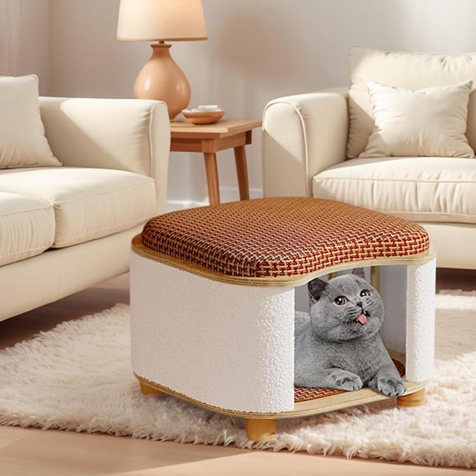 Multi-Functional Wooden Cat Cabinet, Cat Bed with Scratch Pad & Rattan Cushion, Hidden Cat Cave & Ottoman Stool