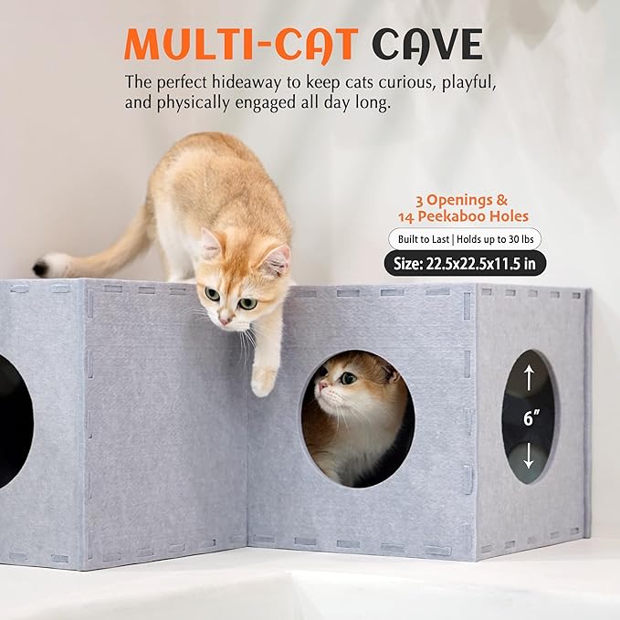 PETKARAY Cat Tunnel, Original Cat Hideaway Cave for Indoor Cats, Large Kitten Play Tubes and Tunnels, Soft Felt Cat Toy with Interactive Peek Hole, Grey L Shape