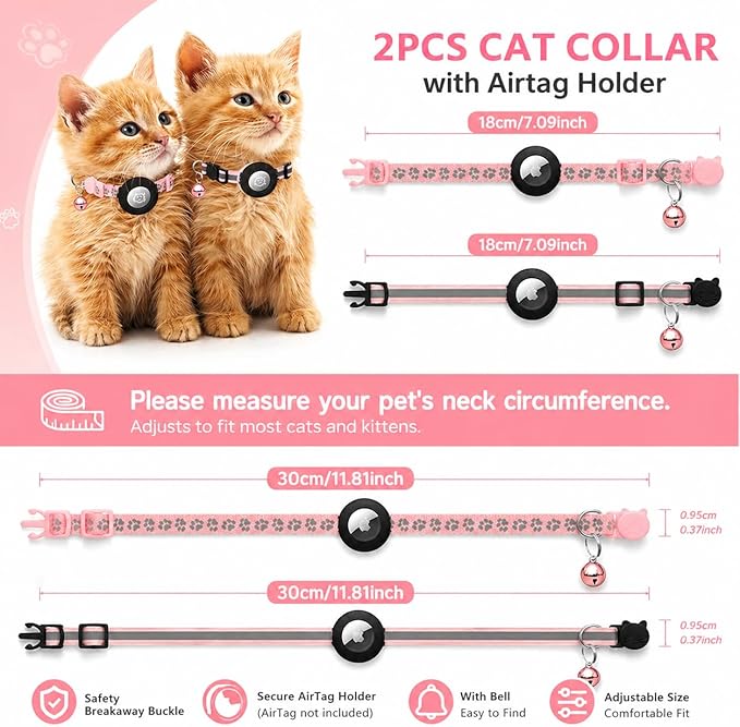Cat Collar Breakaway 2packs, Reflective Kitten Collar with Apple Air Tag Holder and Bell for Girl Boy Cats, 0.4 Inches in Width and Lightweight (Green)