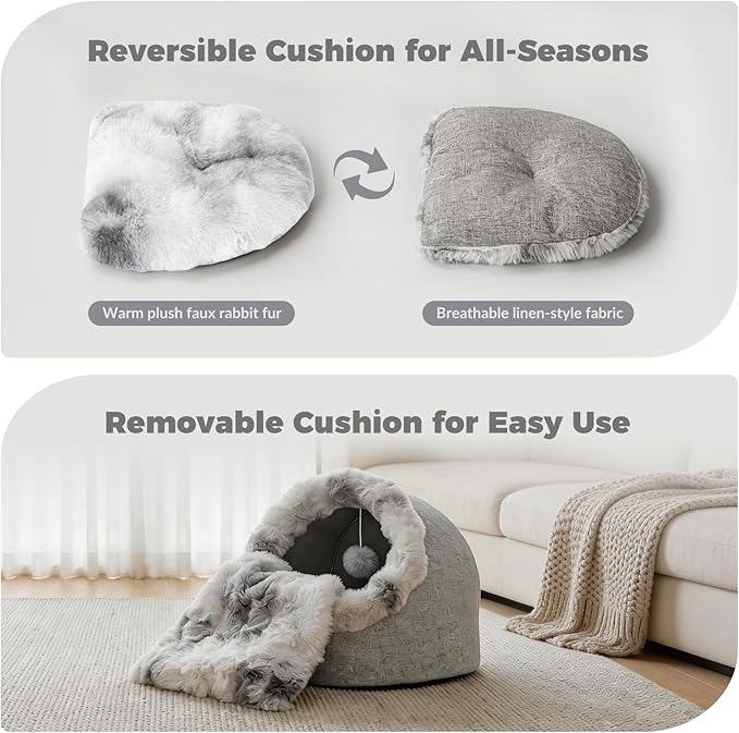 Avont Cat Bed Cave for Indoor Cats, Semi-Enclosed Cat House with Anti-Slip Bottom & Removable Washable Cushion, Warm Plush Cat Tent for Kittens & Puppy -M