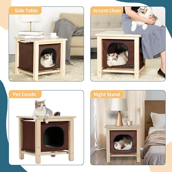 Petsfit Modern Indoor Cat House Furniture for Cats, Nightstand-Style Pet Bed with Removable Oxford Cloth Cover, Hanging Cat Cave with Thickened Top for Living Room/Bedroom Wooden Brown