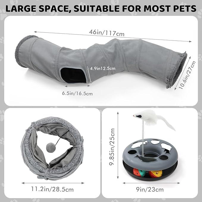 XIAPIA Cat Tunnel for Indoor Cats, 6-in-1 Collapsible Crinkle Play Tunnel with Interactive Roller Track Ball, Cat Enrichment Toys for Kittens Rabbits, Exercise Hide & Seek Tube for Indoor Outdoor Play
