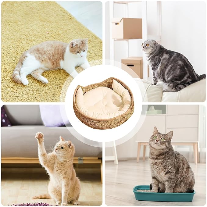 Cat Basket Bed,Woven Pet Sleeping Basket,Soft Cushion Resting Lounge All Season Animal Relaxation Furniture