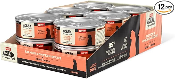 ACANA Premium Pate Wet Cat Food in Bone Broth Salmon + Chicken Recipe 5.5oz Cans (12 count)