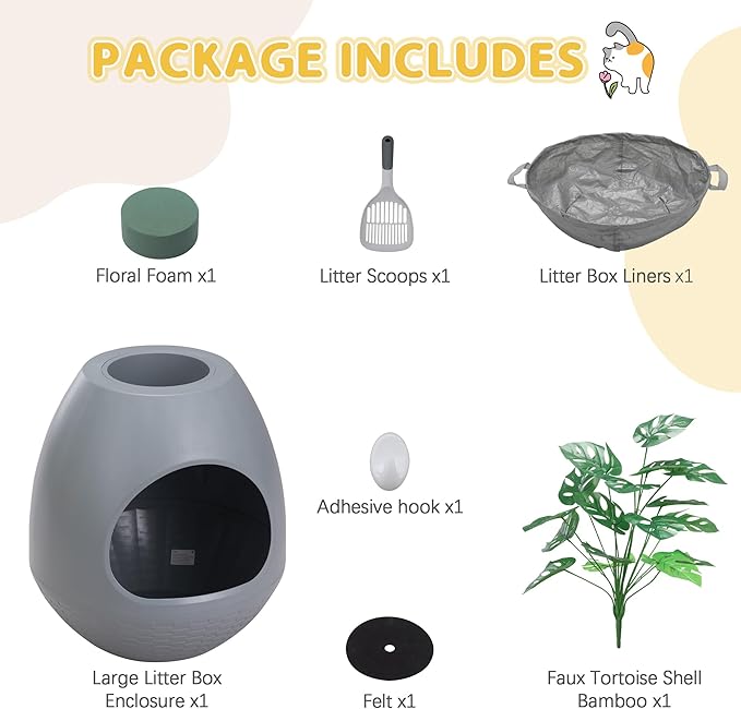 Eggloa6 Hidden Cat Litter Box with Artificial Plants - Egg-Shaped Enclosure Includes Scoop, Discreet Furniture for Home Decor, DIY Assembly Cat Litter Box Cabinet for Living Room(Grey)