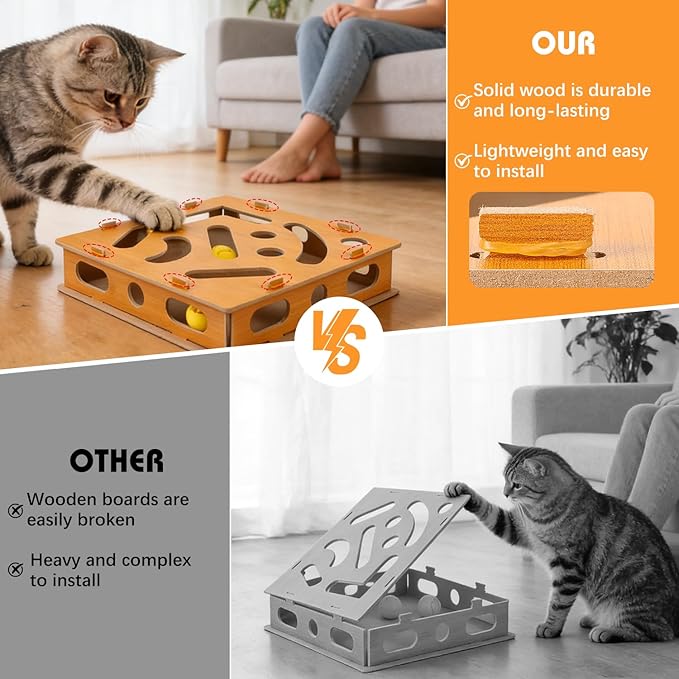 Cat Scratch Puzzle Enrichment Box,Maze Cat Nail File Enrichment Box,Interactive Cat Scratching Board,A Stress-Free Alternative to Nail Trimming,with Built-in Bell Ball for Indoor Cats