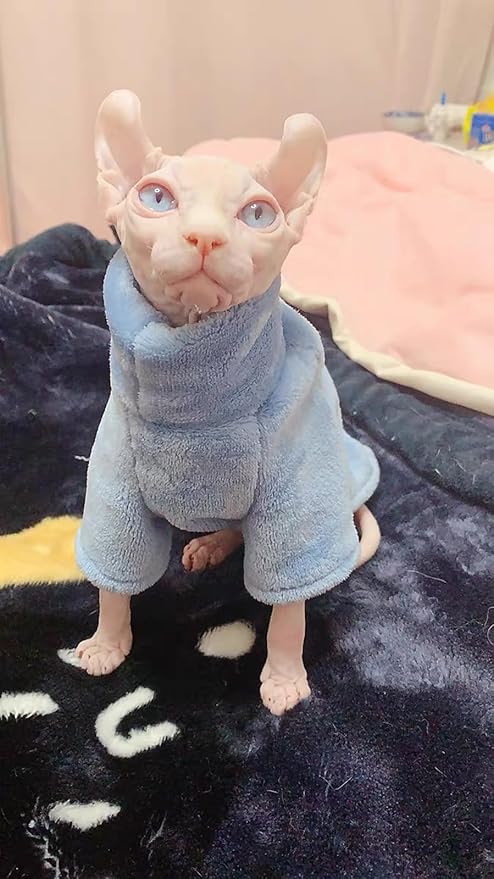 Sphynx Cat Clothes Winter Turtleneck Soft Coral Fleece Cat Clothes Thicken Warm Pajamas Coat for Hairless Cats and Small Cat Apparel with Sleeves (Light Blue, M（3.8-6lbs）)
