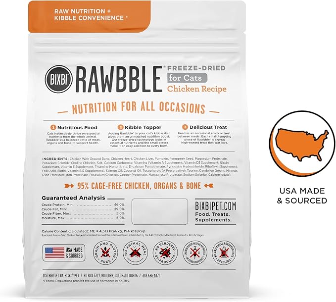 BIXBI Rawbble Freeze Dried Cat Food, Chicken Recipe, 10 oz - 95% Meat and Organs, No Fillers - Pantry-Friendly Raw Cat Food for Meal, Treat or Food Topper - USA Made in Small Batches
