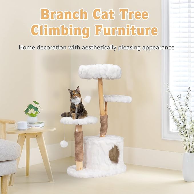 Cloud Cat Tree Aesthetic, Natural Wood Branch Cat Tree Tower with Large Condo, Soft Perches, Kitten Scratching Posts, Cat-Approved Modern Luxury Cat Tower, White