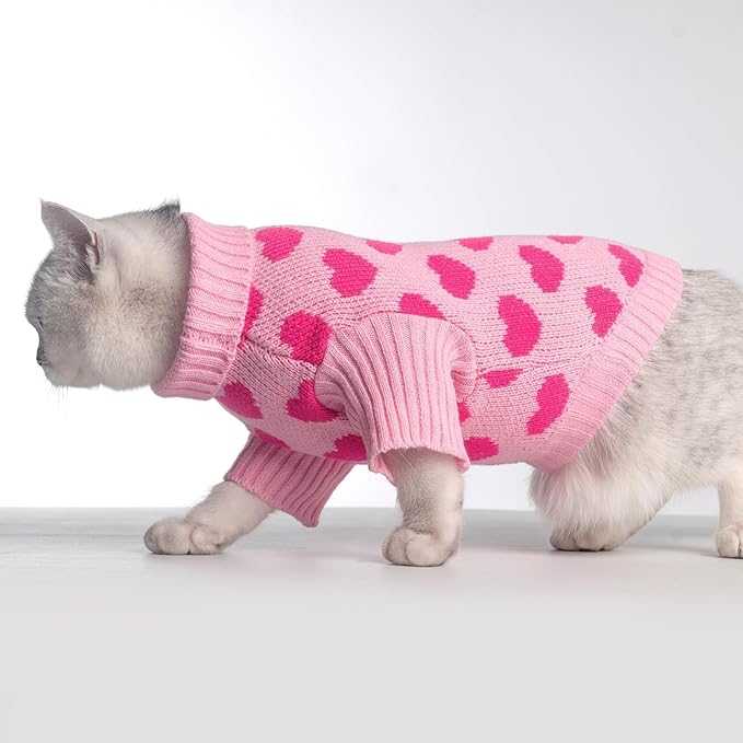 KOOLTAIL Cat Sweater - Outfit with Heart Love Pattern Cold Weather Soft Warm Knit Turtleneck Clothes for Cats Kitten Small Dogs Puppy Pink S