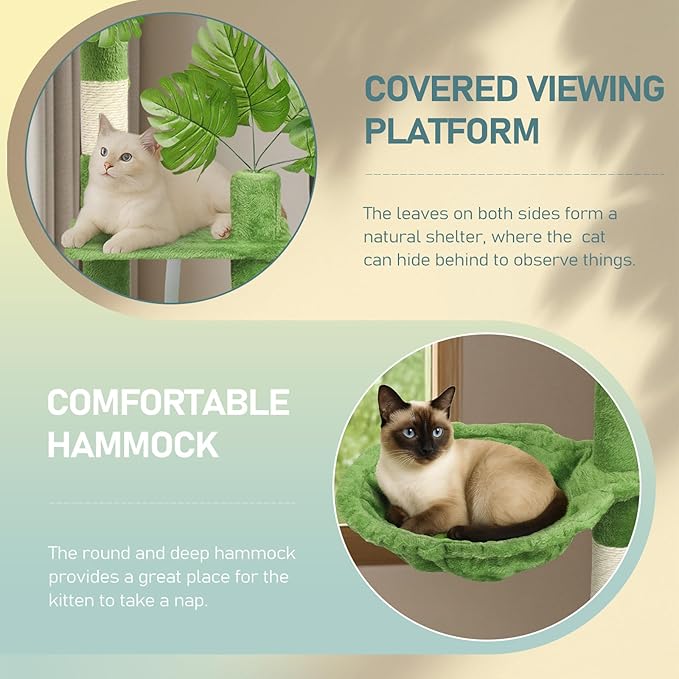 50in Plush Cat Tree with Leaves, Multi-Level Cat Tower with Condo, Hammock & Sisal Scratching Posts, Large Indoor Cat Activity Center for Kittens Under 10lbs, Green Pet Playground Furniture