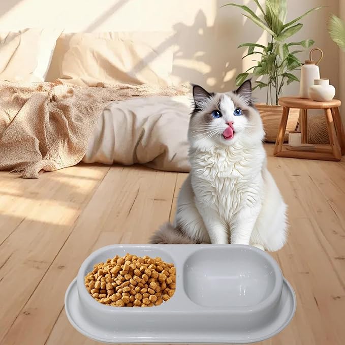 Cat Feed Bowl Drinking Feeding Dish Function Nonslip PP Material Easy to Clean Suitable for Cats Dogs, Light Gray