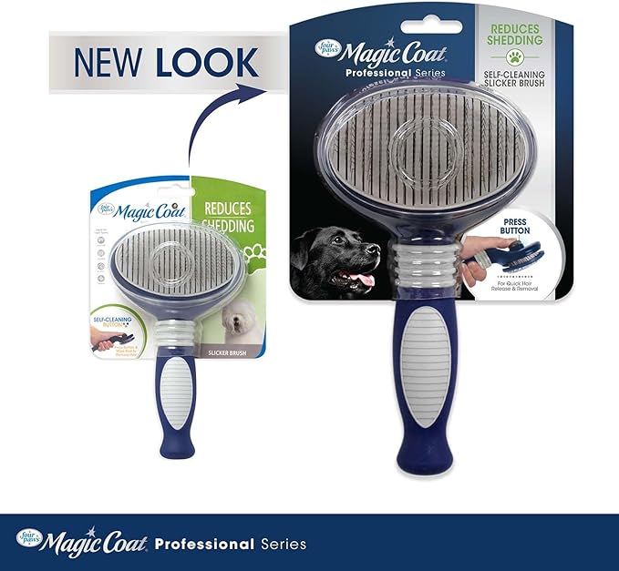 Four Paws Slicker Brush, Professional Series Grooming Brush for Dogs & Cats, Self-Cleaning, Reduces Shedding, All Coat Types, Blue & Grey