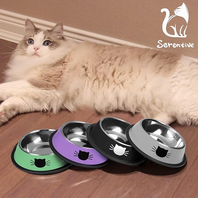 Serentive 2Pcs Cat Bowls Non-Slip Stainless Steel Small Cat Food Bowl Unbreakable Thick Rubber Base Easily Clean Lovely Color