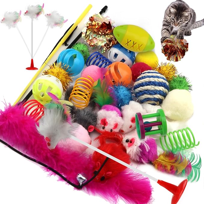 QUOZUO 32 Packs Cat Toys Variety Pack for cat, Cat Balls with Bells, Cat Feather Toy, Cat Mouse Toys, Cat Crinkle Balls, Catnip Toys for Indoor Cats Kittens, Kitten Toys Assortments
