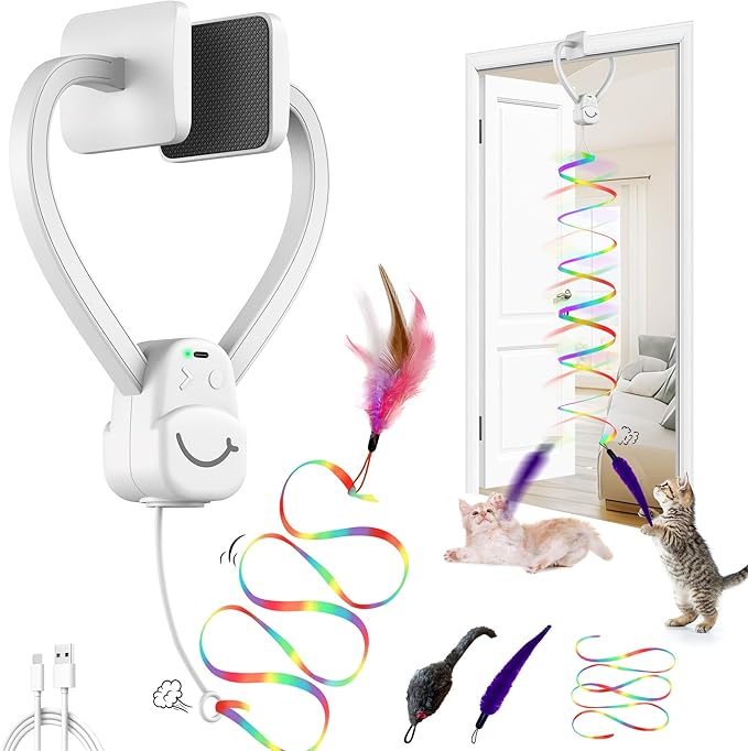 Interactive Cat Toy for Indoor Cats, Automatic Hanging Door Frame Toy with Feather & Mouse, 360° Rotating, USB Rechargeable Self Play Kitten Toy for Hunting Instinct, Cat Boredom Relief