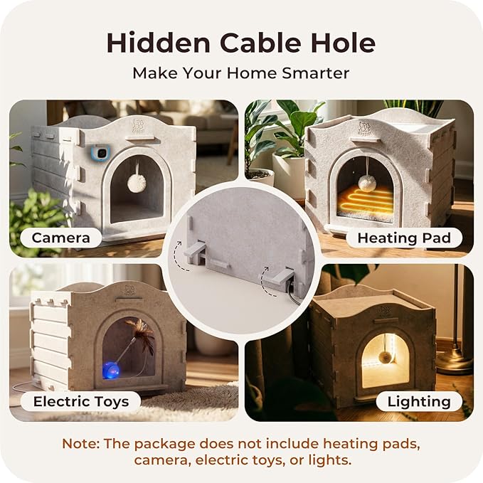 Cat Bed Cave for Indoor Cats: New Felt Cat Bed with Fluffy Ball Hanging, Foldable Cat House with Scratch-Resistant Board, Hideaway Cat Cave for Timid Cats, Sturdy Two-Tier Cat Condo - Gray